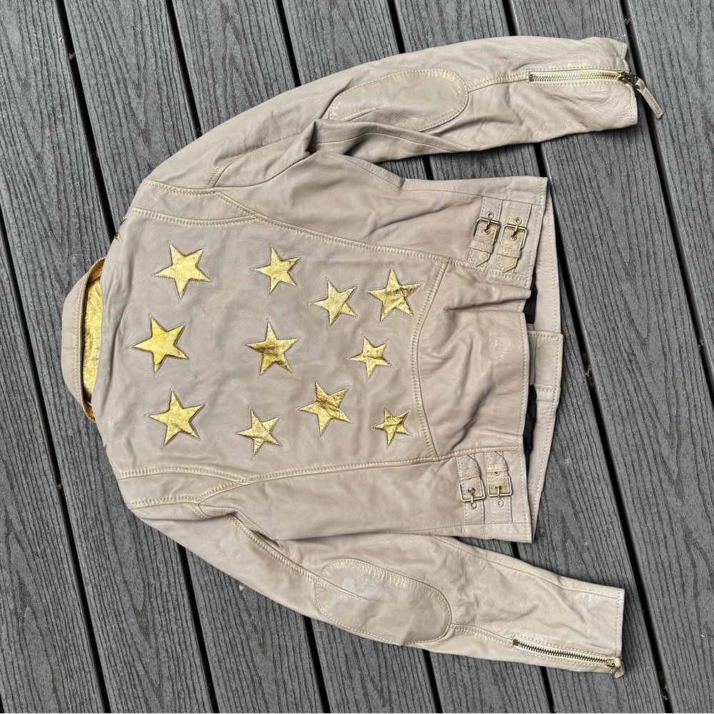 Beige Leather Jacket with Gold Star Accents by Mauritius